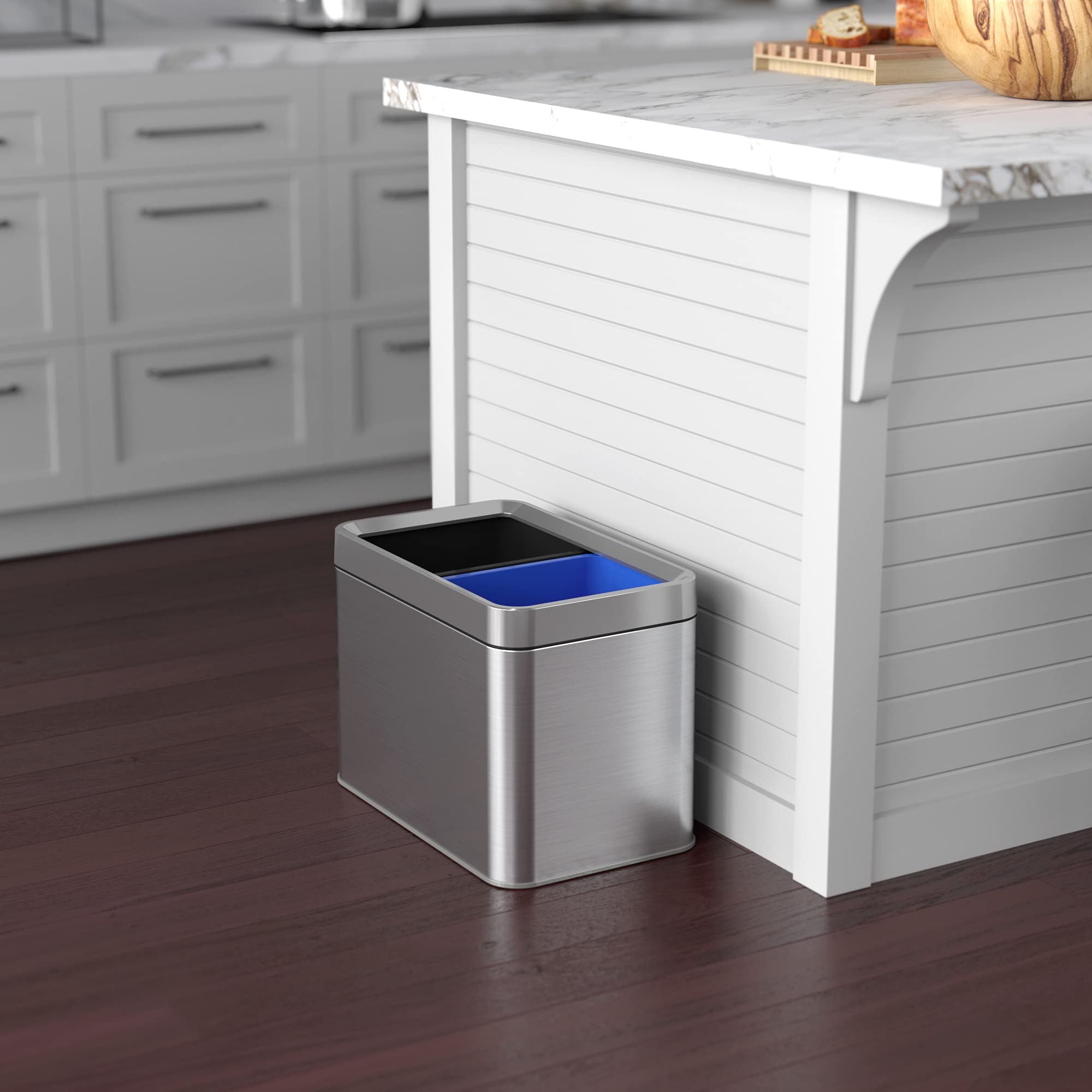 Itouchless 20 Liter / 5.3 Gallon Open Top Waste Trash Can & Recycle Bin With 2 Recycle Stickers, Dual Compartment Slim Stainless